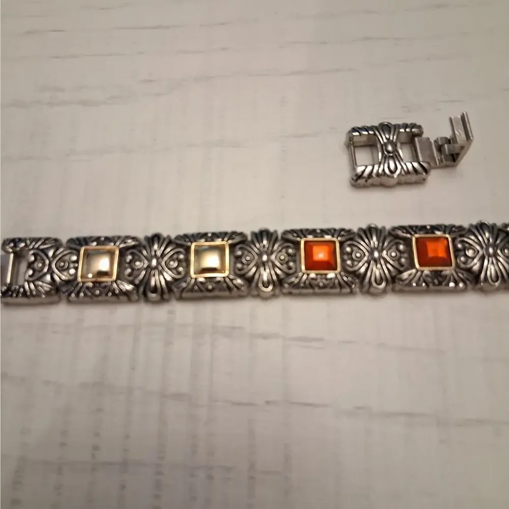 Silver Tone Vintage Style Bracelet with Red Rhinestones